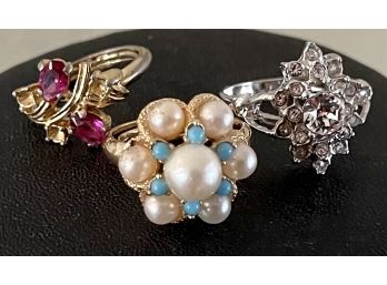 (3) Vintage Costume Rings Including Avon, Rhinestones, Faux Pearls Size 5-6