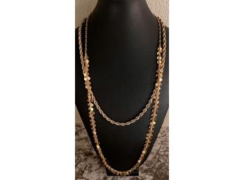 (2) Gold Tone Necklaces (1) Rope Chain & One Gold Tone With Confetti Drops