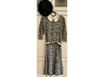 Art Deco Flapper Style Hand Made Pleated Floral Dress, Satin Removable Collar, Belt And Hat With Net Front