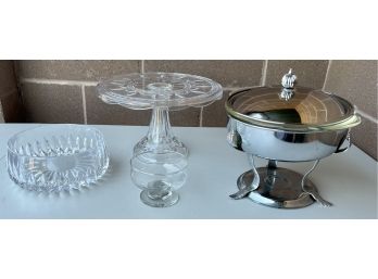 Lead Crystal Pedestal Cake Plate, Serving Bowl, And Stainless Steel Fire King Silver Tone Serving Stand