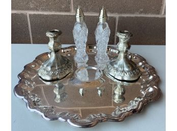 Leonard Silver Plate Platter With Towle Silver Plate Candle Holders, And Glass Salt And Pepper