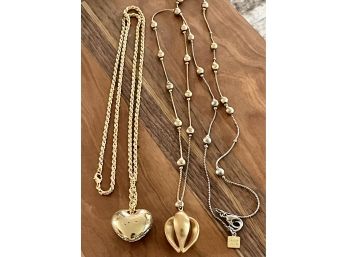 Two Gold Tone Necklaces (1) Anne Klein With Open Heart And Beads (1) Crystal Heart Gold Tone Rope Chain