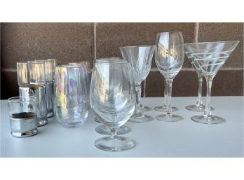 Glassware Lot Including High Balls, Opalescent Clear Glasses, Martini Glasses, And Wine Glasses