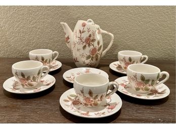 Vintage Japan Transferware Floral Small Teapot And Five Cups, Six Saucers