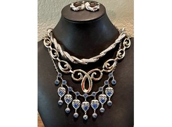Vintage Costume Jewelry Including (3) Choker Necklaces Blue Rhinestones, Silver Tone With Matching Earrings