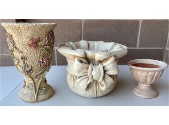 (2) Resin And (1) Clay Plant Pots Including Al's Garden Art Inc. N.Y.