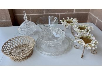 Lovely Lot Including Crystal Lidded Candy Dish, Bowl, Cake Plate, & Candle Holders
