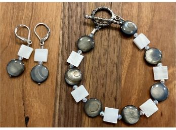 Sterling Silver, Mother Of Pearl And Shell Bracelet And Drop Earrings