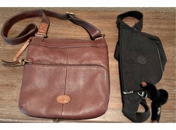 Vintage Fossil Brown Leather Crossbody Bag And A Kipling Water Proof Waist Pack