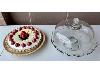Clear Glass Footed Covered Cake Plate And Covered Ceramic Pie Plate Made In Portugul