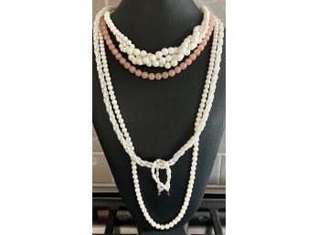 (4) Vintage Bead Necklaces, 1 With Matching Earrings, Faux Pearls, Pink Round Stones, Plastic Beads And More