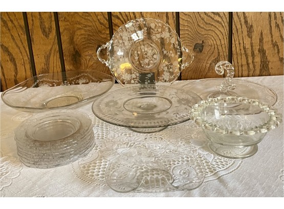 Large Collection Of Antique Etched Glassware Including Cake Plates, Serving Dishes, And Bowls