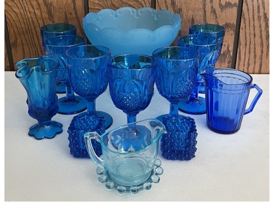 Vintage Blue Art Glass Lot Including Frosted Blue Compote, Pitcher, Avon Goblets And More