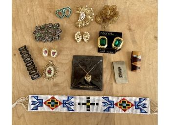 Collection Of Vintage Jewelry Including Sterling Silver Bracelet, Monet Earrings, (2) Money Clips And More
