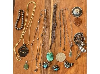 Vintage As Is Jewelry Lot Sterling Bead Ball Necklace, Turquoise Ring & Petite Point Earrings, Jade Pendant