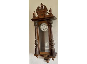Walnut Antique Enamel Faced With Carved Detail Wall Clock With Key (as Is)
