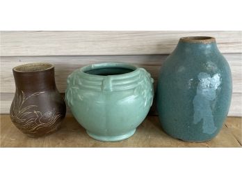 (3) Vintage Pots One Art Deco With Greenery Leaf Pattern On Front And (2) Diane Kofford