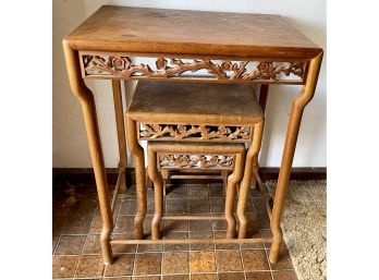 (3) Vintage Stacking Hand-carved Rose Wood Tables