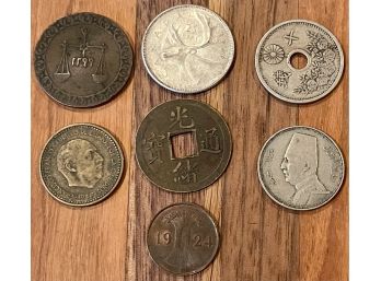 Assorted Vintage Coins Una Peseta1947, Chinese Coins, Canada 25C, 1924 Pfennig