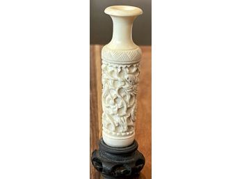Vintage Miniature Ivory Color Carved Dragon 4' Vase On Carved Wood Base