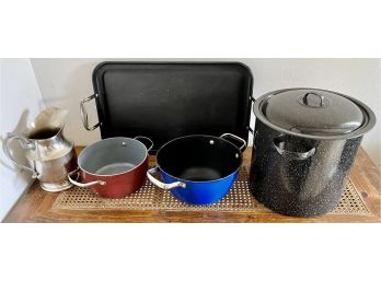 Kitchen Lot Including (2) Green Pan Cast Iron Handled Pots, Calphalon Griddle, And Enamel Stock Pot