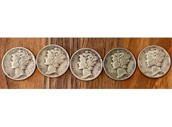 (5) Mercury Dimes, 1941, 1942, 1943, 1944 & 1945 US Coins