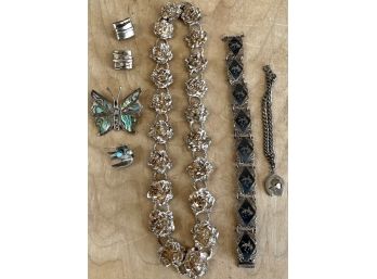 Vintage Stirling Silver Lot Siam Bracelet, Taxco Mexico Floral Necklace, And More