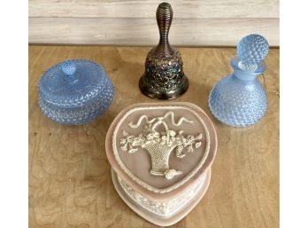 Dresser Lot Including Incolay Stone Heart Dresser Box, Hob Nail Perfume, Fenton Carnival Glass Bell, And More