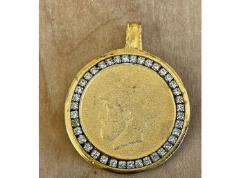 Les Bernard Pendant Necklace Gold Tone Drachma Coin With Rhinestones