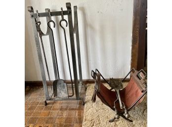 (2) Vintage Sets Of Iron Fire Place Tools, Solid Metal Log Holder, And Material Folding Paper Holder