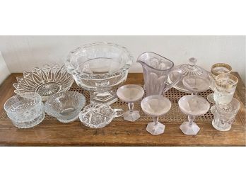 Assorted Antique Glass Lot Including Northwood Cherry & Cable, Heisey Pitcher And Stem Glass Set, And More