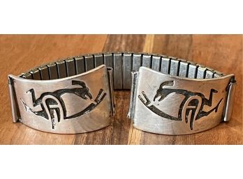 Native American Indian Hopi Sterling Silver Watch Tips Road Runner Bird With Speidel Band