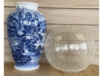 Large Blue And White Asian Motif Vase And Crackle Fish Bowl Vase