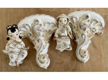 Pair Of Lefton Japan Small Porcelain Wall Shelves With Miniature Asian Figurines