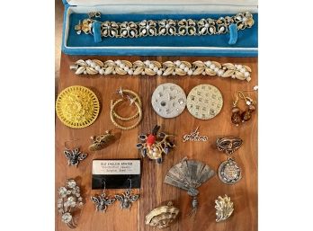 Assorted Vintage Costume Jewelry Including Trifari Bracelet, Old English Pewter, 925 Sterling Some Singles