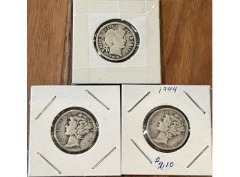 1908 Barber Dime And Two 1944 Mercury Dimes In Paper And Plastic Storage
