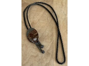 Vintage Picture Jasper Bolo Tie With Silver Tips