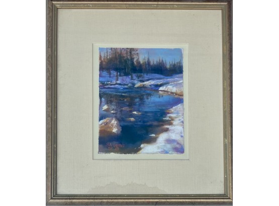 Bruce A. Gomez 1975 Winter Landscape Pastel In Frame With Paperwork On Back