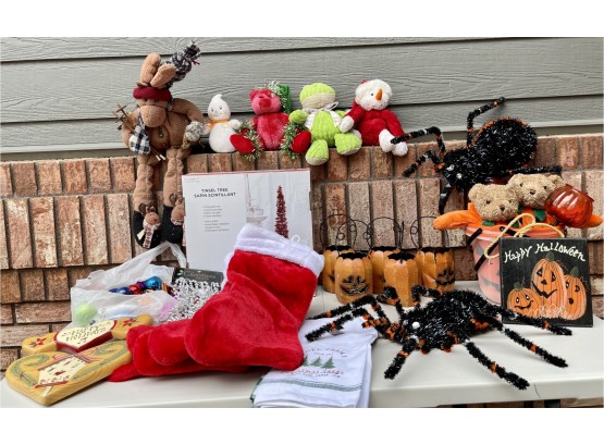 Fun Holiday Lot Including Halloween & Christmas Decor - Plaques, Decorations, Stuffed Animals