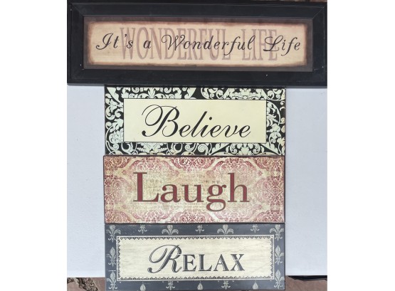 Assorted Home Decor Including Word Signs - Laugh, Believe And Relax, Framed It's A Wonderful Life