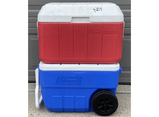 Red & Blue Coleman Coolers - One On Wheels