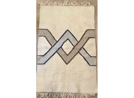 3 Foot X 5 Foot Blue & Tan Stripe Woven Wool Rug With Fringe