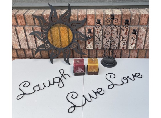 Home Decor Metal Signs Live, Laugh, Love, Metal Sun And Standing Amber Prism Candle Stick & 2 Square Candles