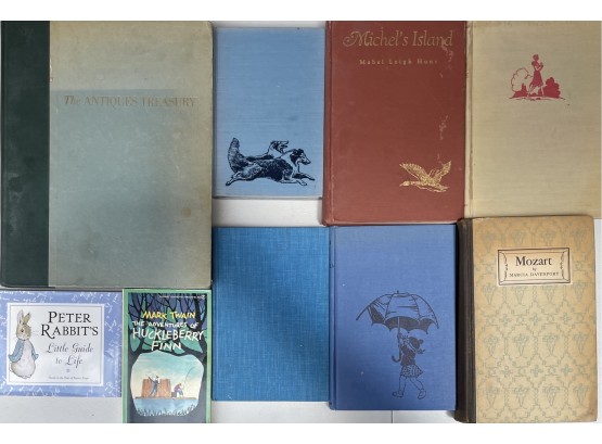 (9) Vintage And Antique Books, Michael's Island 1940, Huckleberry Fin, Mozart, Antiques Treasury And More
