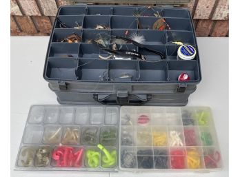 Fishing Lot With Plano Tackle Box With Lures, Bait, Bobbers, Hooks & More