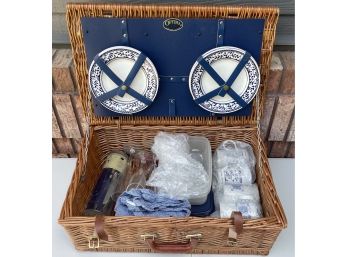 Optima West Sussex England Wicker & Leather Picnic Basket With Plates, Cups And Napkins, Silverware  (as Is )