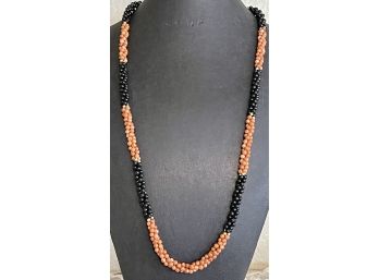 Gorgeous Vintage Coral, Onyx And Gold Tone Bead Torsade Necklace With Gold Tone Clasp