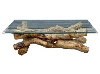 Natural Log Coffee Table With Glass Top (as Is)