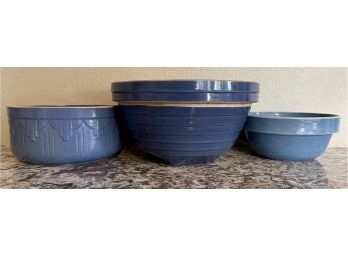(3) Antique Blue Pottery Stone Ware Mixing Bowls USA