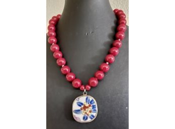 Vintage Broken Pottery China Enamel Pendant With Red Jade Bead Necklace